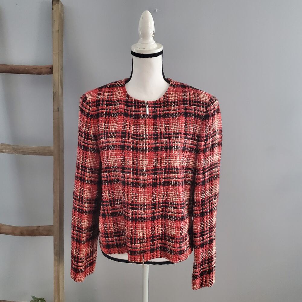 Rena Rowan Red Black Tweed Zip Up Lined Blazer Jacket Size 12